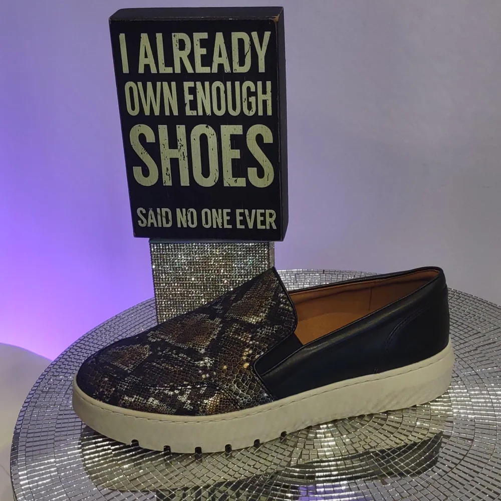 Vionic Slip-On Loafers in Black and Snakeskin Print